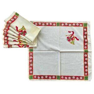 Vintage Christmas Napkins or Doillies set of 8 in red and green with Golden horn